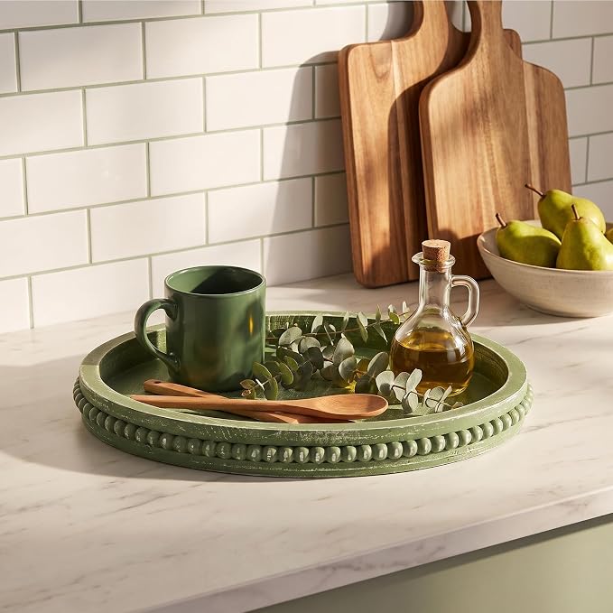 Hrastany Round Sage Green Wood Decorative Tray - Image 5