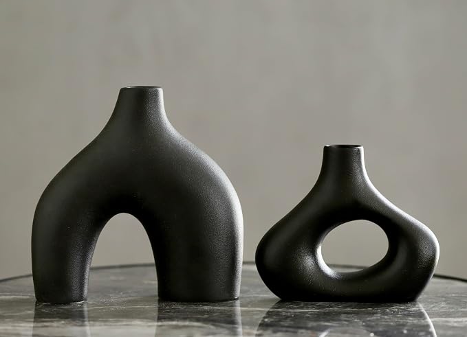 Carrot's Den Black Ceramic Modern Vase Set of 2, Donut Shelf Decor, mantel - Image 9