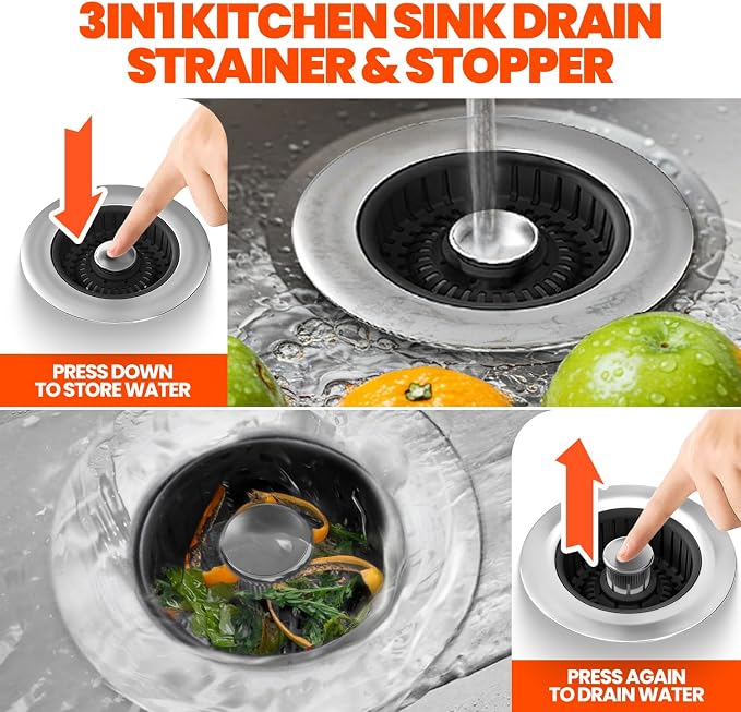 3 in 1 Kitchen Sink Drain Strainer Stopper Basket Pop Up Black - Image 4