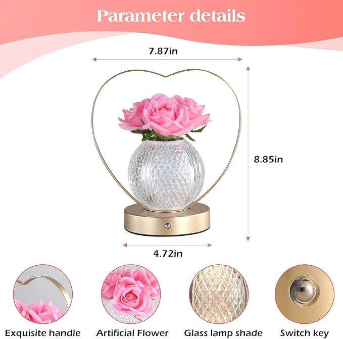 AMWGIMI Women Gifts Rose Flower Lamp Cordless LED Touch Lamp Decor Gift | - Image 5