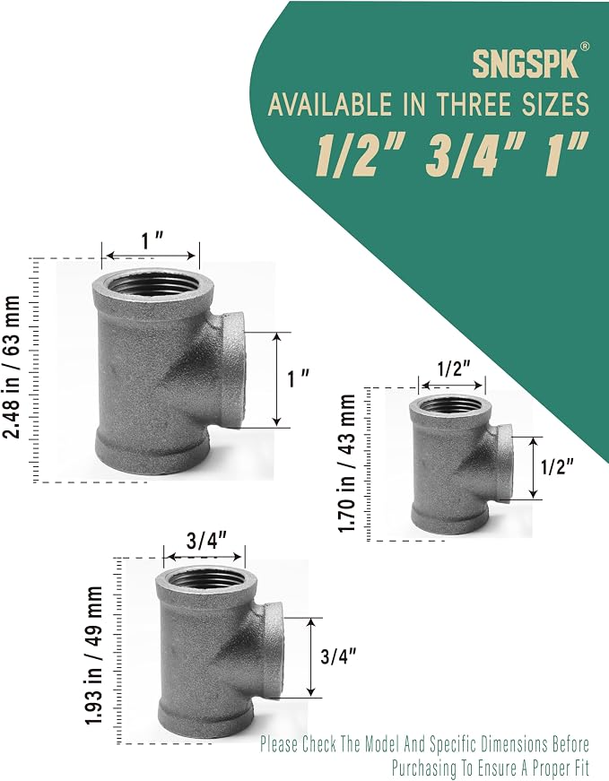 Black Cast Iron Tee Fitting 3/4" Female Thread, 3 Way Industrial Pipe Connector - Image 5