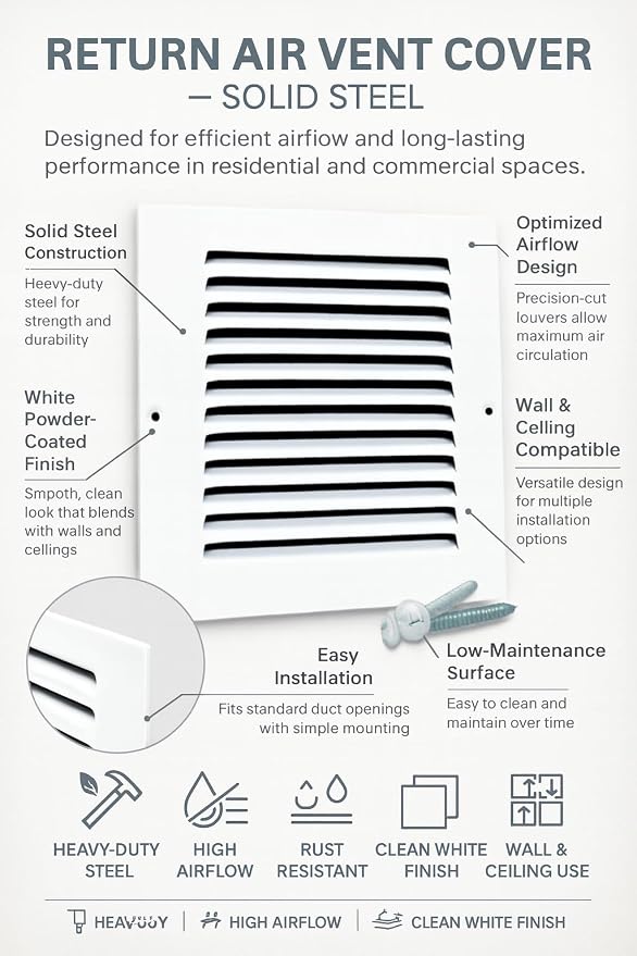 Fits 8x8 Duct Opening | Steel Return Air Grille by Sierra Grates | Vent Cover - Image 3