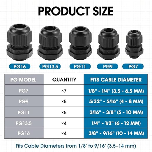 25 Pack Cable Gland Kit – IP68 Waterproof Nylon Cord Grip Connectors PG7 to PG16 - Image 2