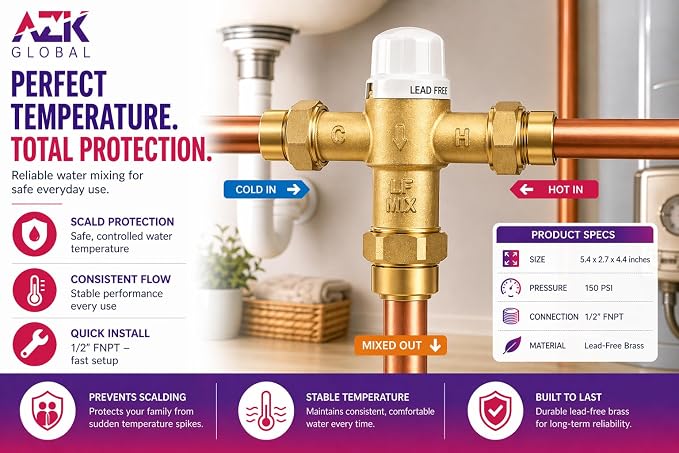 1/2" FNPT Type Thermostatic Mixing Valve, Cert: ASSE, NSF | TMV, Precise water - Image 5