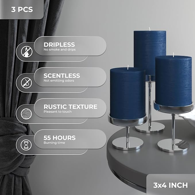 3x4 inch Pillar Candles Set of 3 – Unscented Dripless Rustic Dark Blue Candles - Image 2