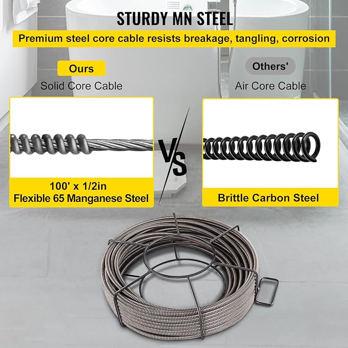 VEVOR Drain Cleaning Cable 100 ft x 1/2 inch Solid Core Cable Sewer Cable - Image 4
