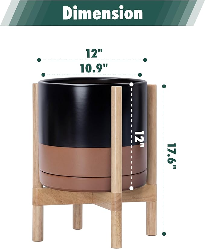 D'vine Dev Ceramic Pot with Natural Wood Stand, 12 in, 55-B-J-7 | Mid-Century - Image 3