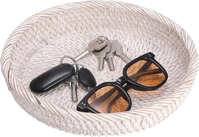 Hipiwe Key Basket Bowl for Entryway 10" Round Woven Wicker Serving Tray | - Image 9