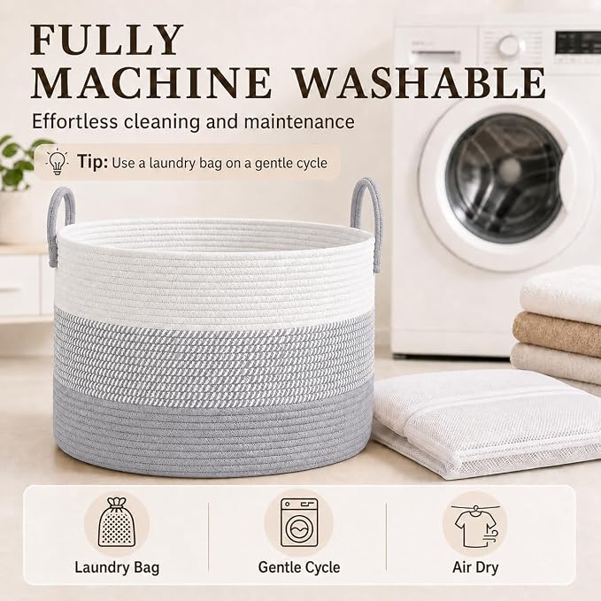 JMvicyroam 65L Extra Large Machine Washable Cotton Rope Blanket Basket | - Image 7