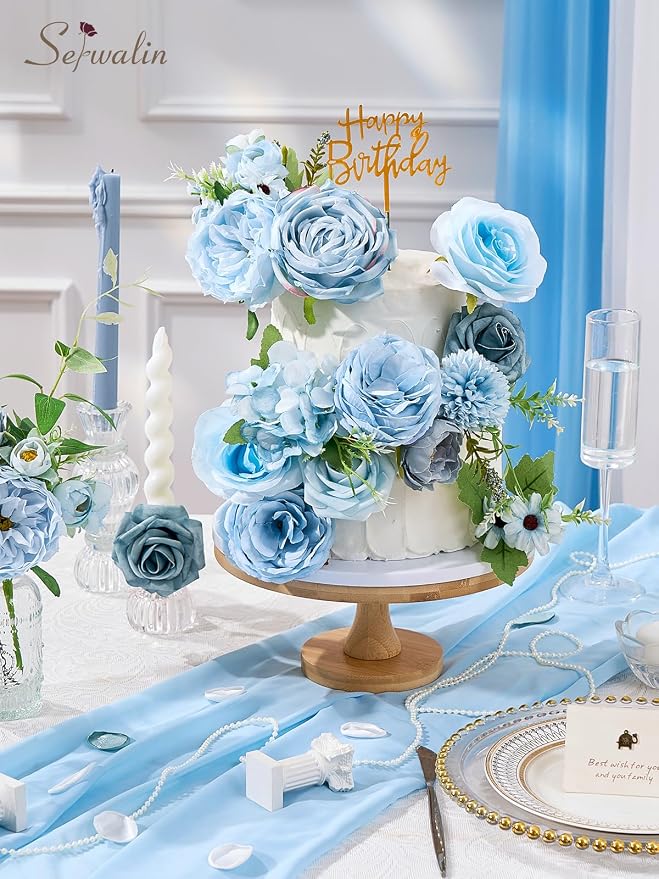 Serwalin Artificial Flowers, Light Blue Silk Fake Flowers - Image 4
