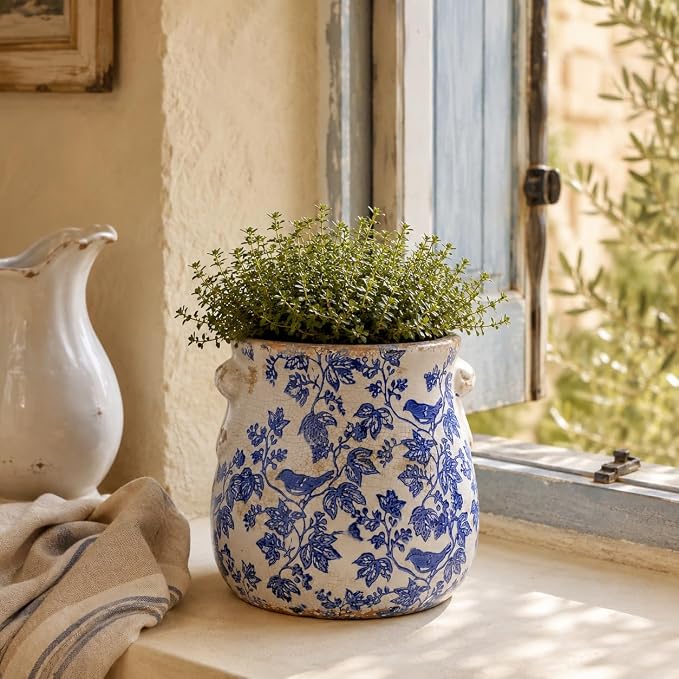 English Country Ceramic Planter, 6.7" Chinoiserie Vase & Utensil Holder | - Image 5