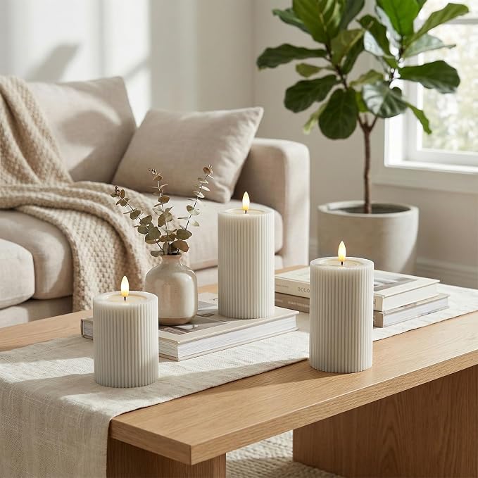 Fluted Ribbed LED Pillar Candles, Cream Beige, - Image 3