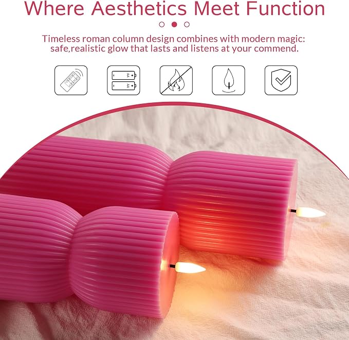 Hot Pink Ribbed Flameless Pillar Candles - Image 4