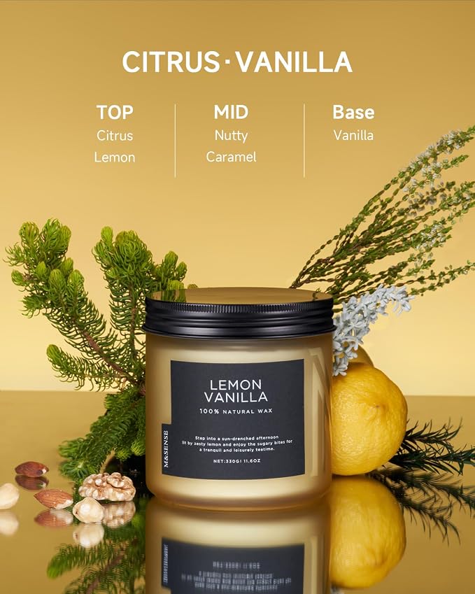 M&SENSE Lemon Vanilla Home Scented Candles, 11.6oz Organic Soy Wax | Natural - Image 2