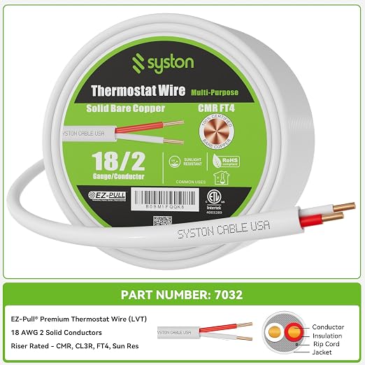 Syston 18/2 Thermostat Doorbell Wire, 100% Solid Copper, CL3R Riser-Rated | 18 - Image 3