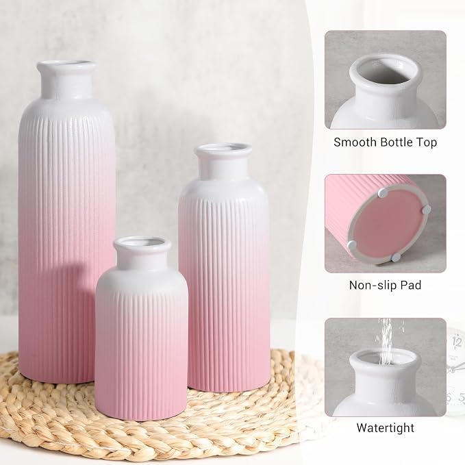 Small Gradient Pink Ceramic Vase Set of 3, Boho Modern Flower Vase Room Decor - Image 5