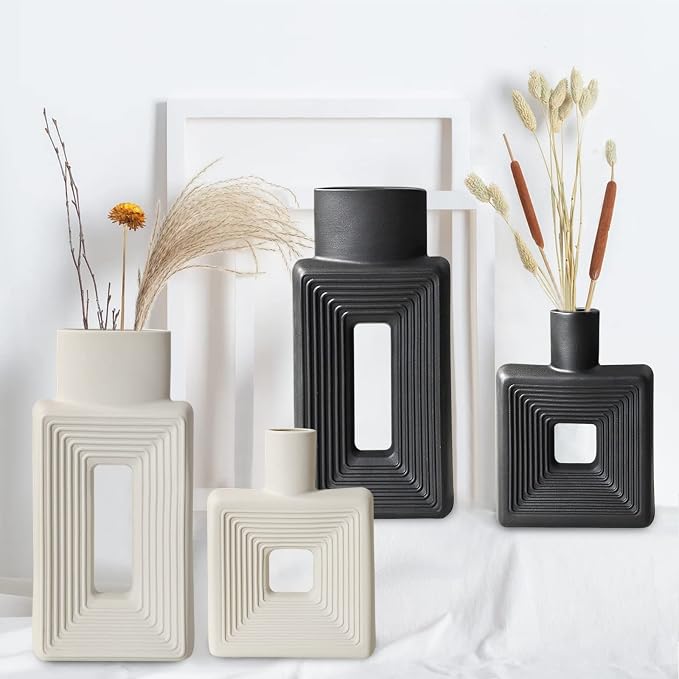 Black Ceramic Vase Set of 2，Square Vase Rustic Home Decor Minimalist Nordic - Image 3