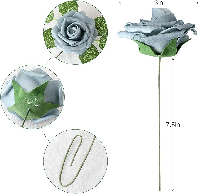 AmyHomie Dusty Blue Rose 25pcs Real Looking Artificial Flowers w/Stem | Bouquet - Image 2