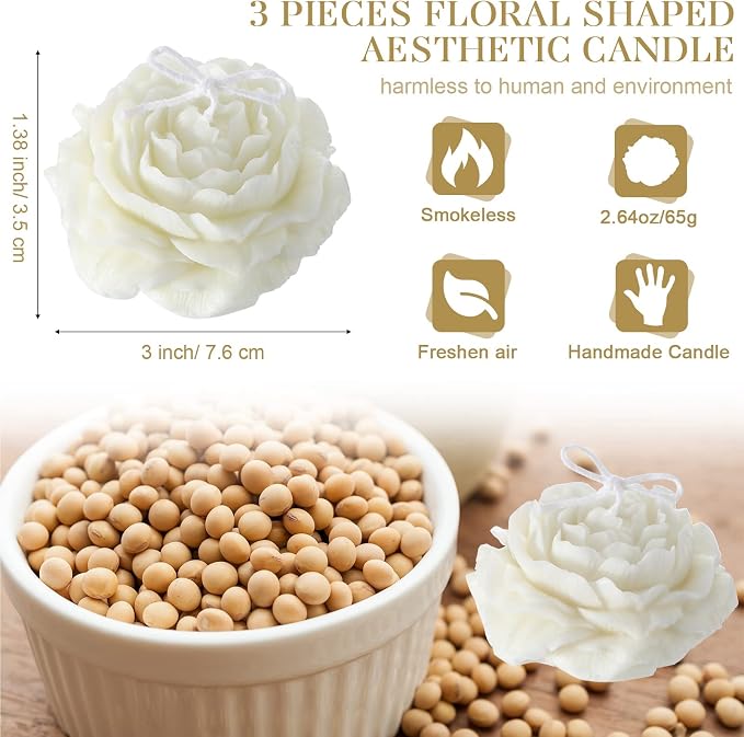 Roowest 3 Pcs Flower Shape Trendy Candles Floral Shaped Aesthetic Candle Soy - Image 2