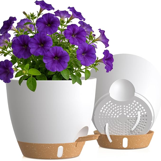 Self Watering Pots with Drainage Holes, 2 Pack 10 Inch Plant Pots with Water by KUGAZ