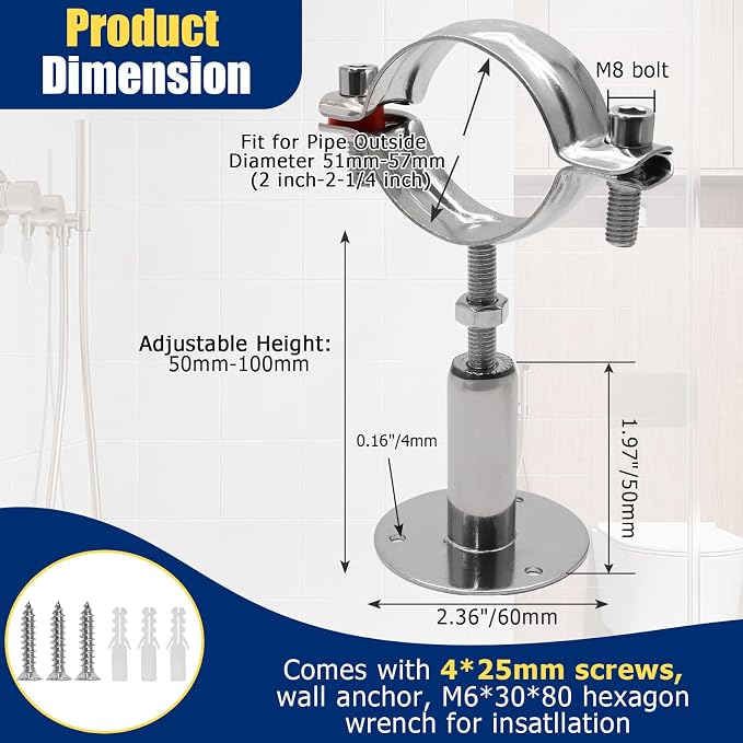 2pcs Adjustable Pipe Support Bracket, Stainless Steel Pipe Clamp | 2 Inch-2-1/4 - Image 2