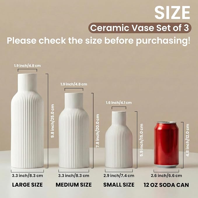 White Ceramic Flower Vase Set of 3 Matte Ribbed Waterproof | Waterproof interior - Image 4