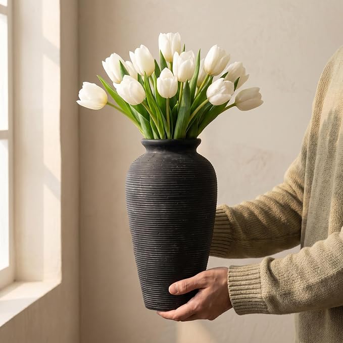 11.02 Inch Tall Vintage Ceramic Flower Vase, Rustic Farmhouse Vase - Image 3