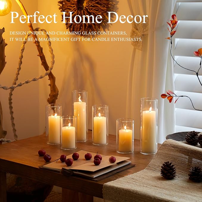 Set of 6 Pillar Candles with Clear Glass Hurricane Holders- Elegant Cylinder - Image 5