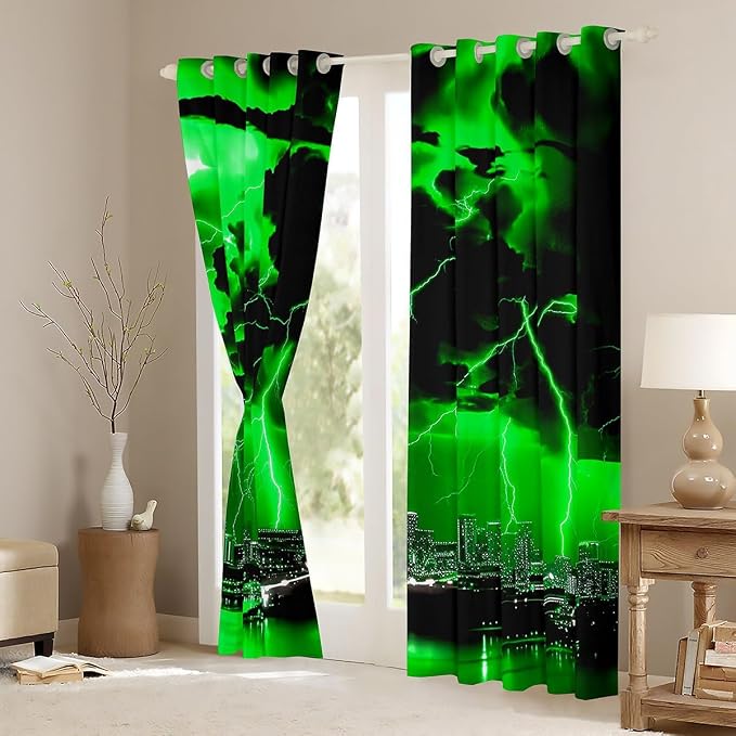 jejeloiu Green Thunder Lightning Window Drapes Cool Flashing Lightning Blackout - Image 3