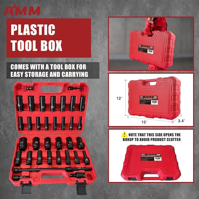 AMM 1/2" Drive Deep Impact Socket Set, 35-Piece Socket set SAE 3/8 to 1-1/4 - Image 7