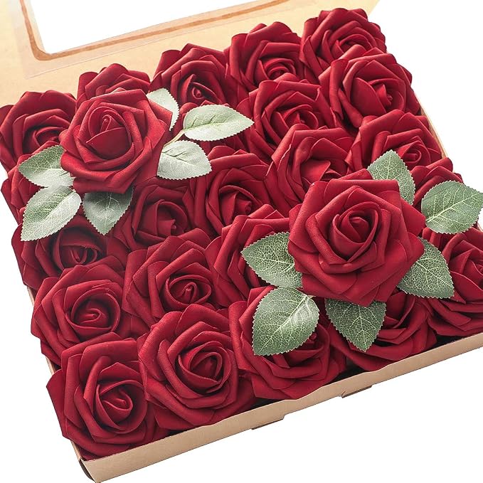 Artificial Flowers 25pcs Real Looking Dark Red Foam Fake Roses by Floroom