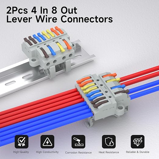 2Pcs Lever Wire Connectors, 4 in 8 Out, 0.7-2.5 mm² | Quick Wiring DIN Terminal - Image 2