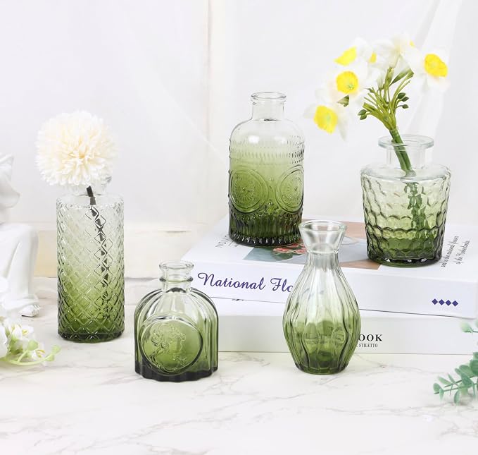 5pcs Green Glass Bud Vase Set, Small Flower Vases - Image 5