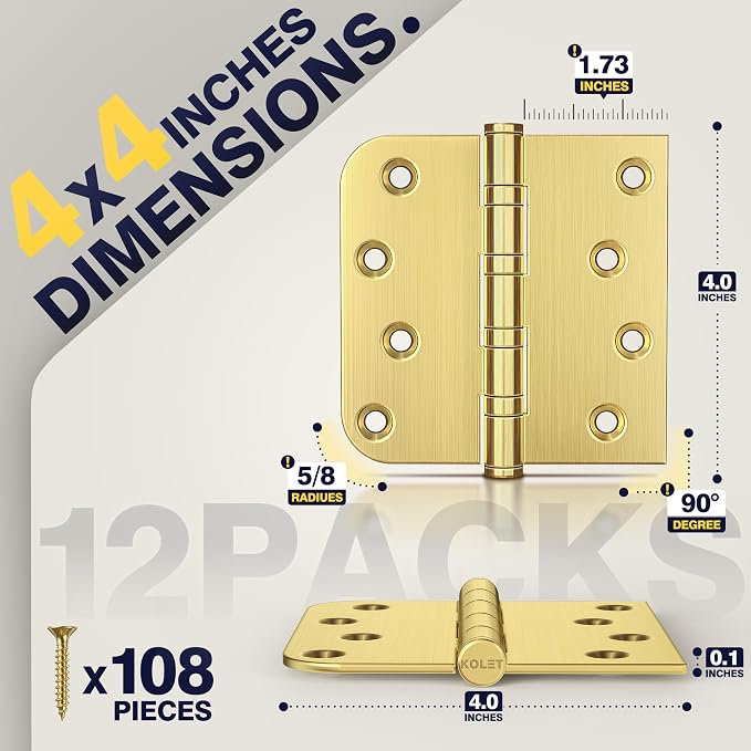 KOLET 4 Inch Gold Ball Bearing Door Hinges Square and 5/8'' Radius 12 Pack | - Image 2