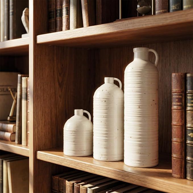 Firehold Ceramic Vase Set of 3 w/Handles, Rustic Farmhouse White Decor Vase | - Image 6