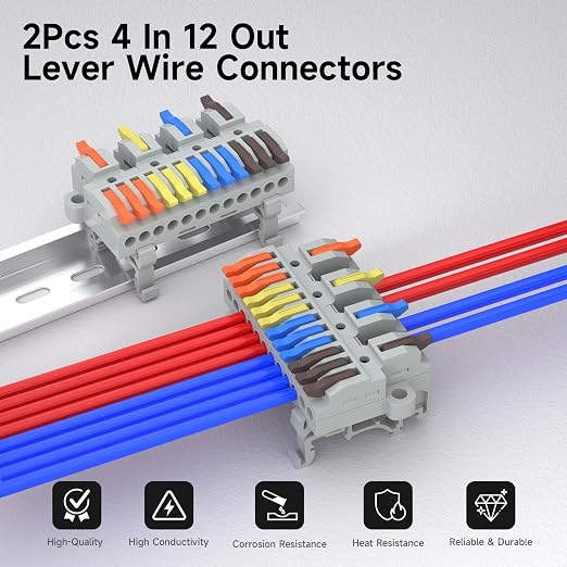 2Pcs Lever Wire Connectors, 4 in 12 Out, 0.7-2.5 mm² | Quick Wiring DIN - Image 2