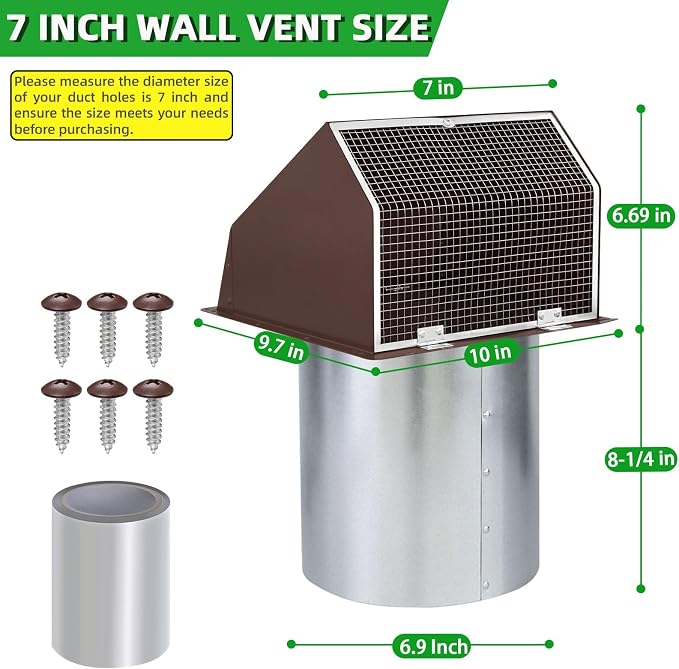7Inch Hooded Wall Vent with Screen and Damper, Galvanized Steel Exhaust Vent - Image 2