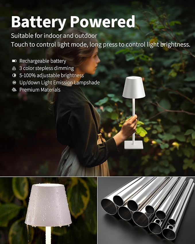 KDG 2 Pack Cordless White Table Lamps, Rechargeable Portable LED Desk Lamps | - Image 4