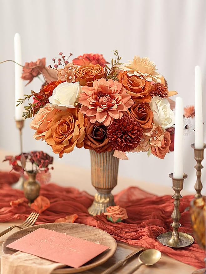 FACINOC Orange Roses Artificial Flowers Fall Fake Flower Bulk - Image 3