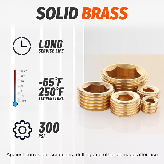 35Pcs Brass Pipe Fittings Socket Plug Kit, 1/8" 1/4" 3/8" 1/2" 3/4" | NPT Male - Image 3