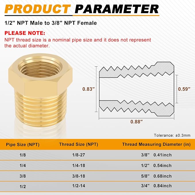 KOOTANS 4pcs Heavy Duty 1/2 NPT Male Thread to 3/8 NPT Female Thread Brass - Image 2