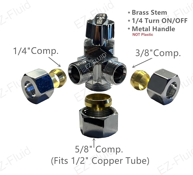 EZ-Fluid 5/8" Comp O.D X 1/4" Comp X 3/8" Comp Dual Outlets Heavy Duty Chrome - Image 2