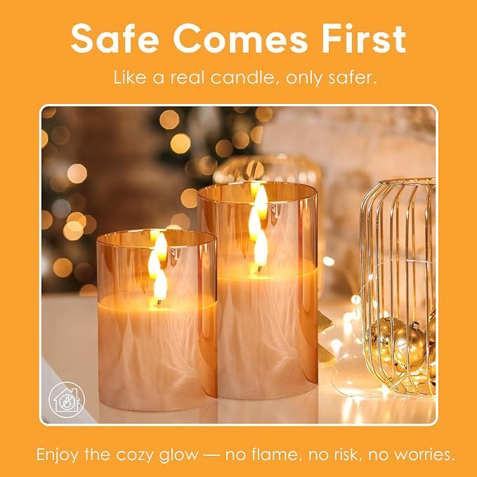 Gold Glass Flameless Pillar Candles - Image 7
