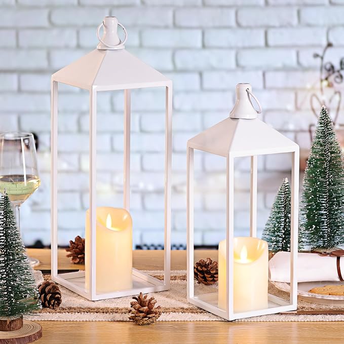 White Decorative Lantern Decor 17" 13" Set of 2 Wedding Lantern - Image 7