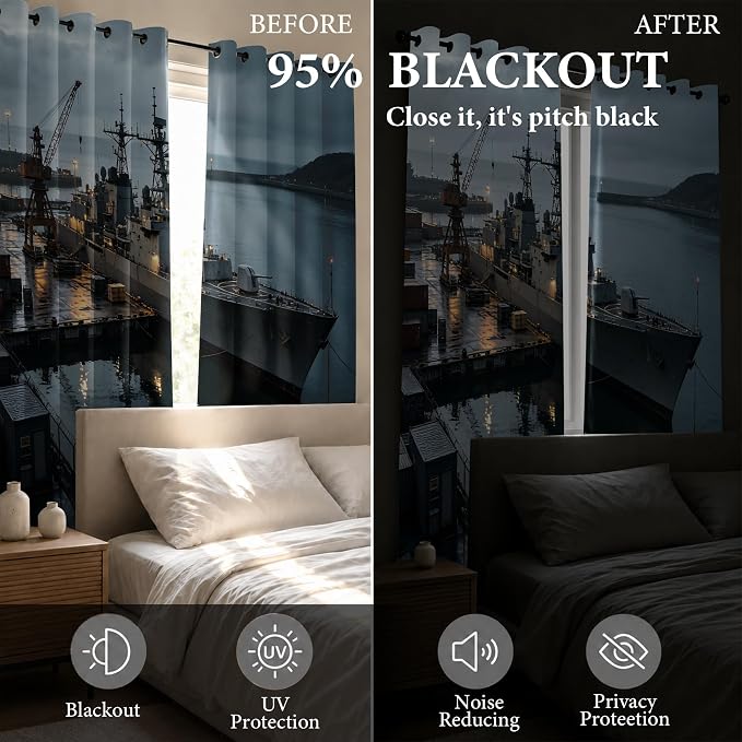 Navy Warship Blackout Curtains for Living Room 96 inches Long | Seaport Dock - Image 5
