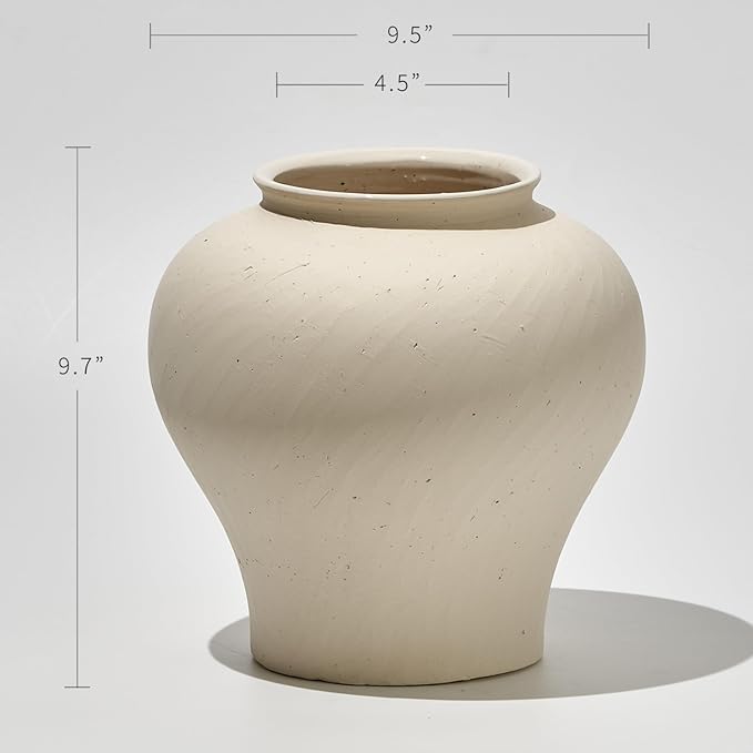 LB2 White Ceramic Rustic Vase, 9.7" Tall Zen Style Terra Cotta Pitcher - Image 2