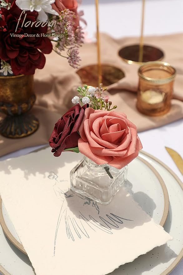 Artificial Flowers 50pcs Real Looking Burgundy & Pinky Cedar Foam Fake Roses - Image 5