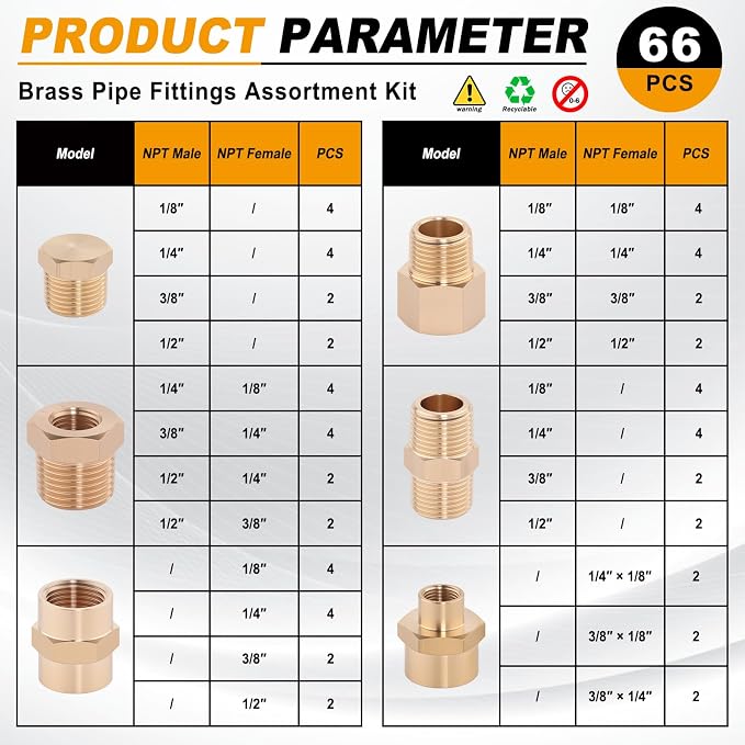 KOOTANS 66PCS Brass Pipe Fittings Assortment Kit Pipe NPT Set | 1/8" 1/4" 3/8" - Image 3