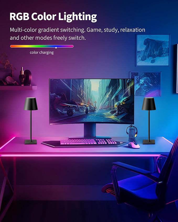 KDG 2 Pack Cordless Black Table Lamps, RGB Color Stepless Dimming Desk Lamp | - Image 2