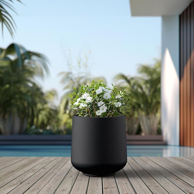 Kante Large Round Curved Black Concrete Planter 16.5" Dia, Outdoor | Rubber Plug - Image 5